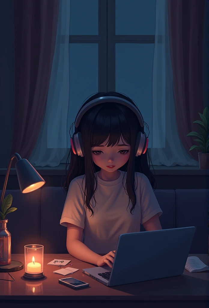evening、Girl listening to music in a cozy room, Using headphones, 2D style animation, Lo-fi, HDD, dark environment