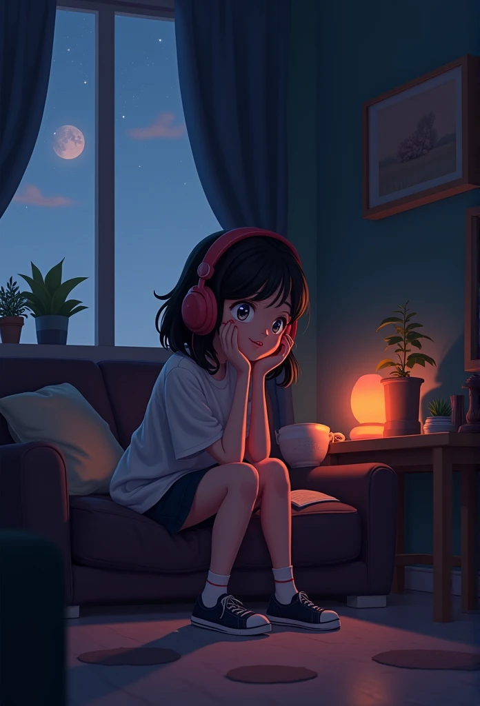 evening、Girl listening to music in a cozy room, Using headphones, 2D style animation, Lo-fi, HDD, dark environment