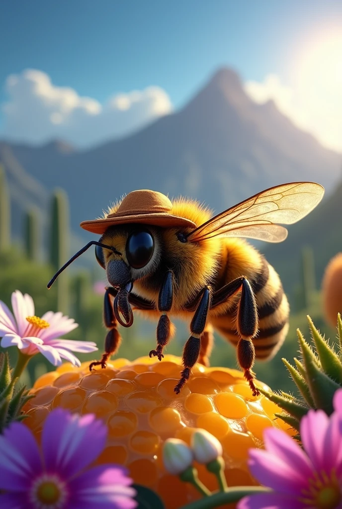 "Create a hyper-realistic image of an Africanized honeybee, with a robust appearance and velvety coat. His compound eyes, big and bright, convey intelligence and curiosity. Your smile conveys sympathy and happiness. The bee is wearing a sun-cracked leather hat. Her wings, membranous and translucent, are slightly open, revealing an intricate vein pattern. Its three pairs of legs, covered in golden hair, are full of golden pollen grains, contrasting with the vibrant black and yellow of its body. The bee is landing on a honeycomb , with drops of crystal clear honey dripping from your tongue. Ao fundo, a majestic mountain range, stands majestically under an intense blue sky. Em primeiro plano, flowers of different colors and sizes - purple orchids, white daisies, pink hibiscus - contrast with the vibrant green of the cacti and the flashy canopy of the carnauba palm. A luz do sol, warm and golden, affects the bee, creating bright reflections on their wings and eyes. The image should convey a sense of tranquility and harmony, celebrating the beauty of nature and the importance of bees to the ecosystem."