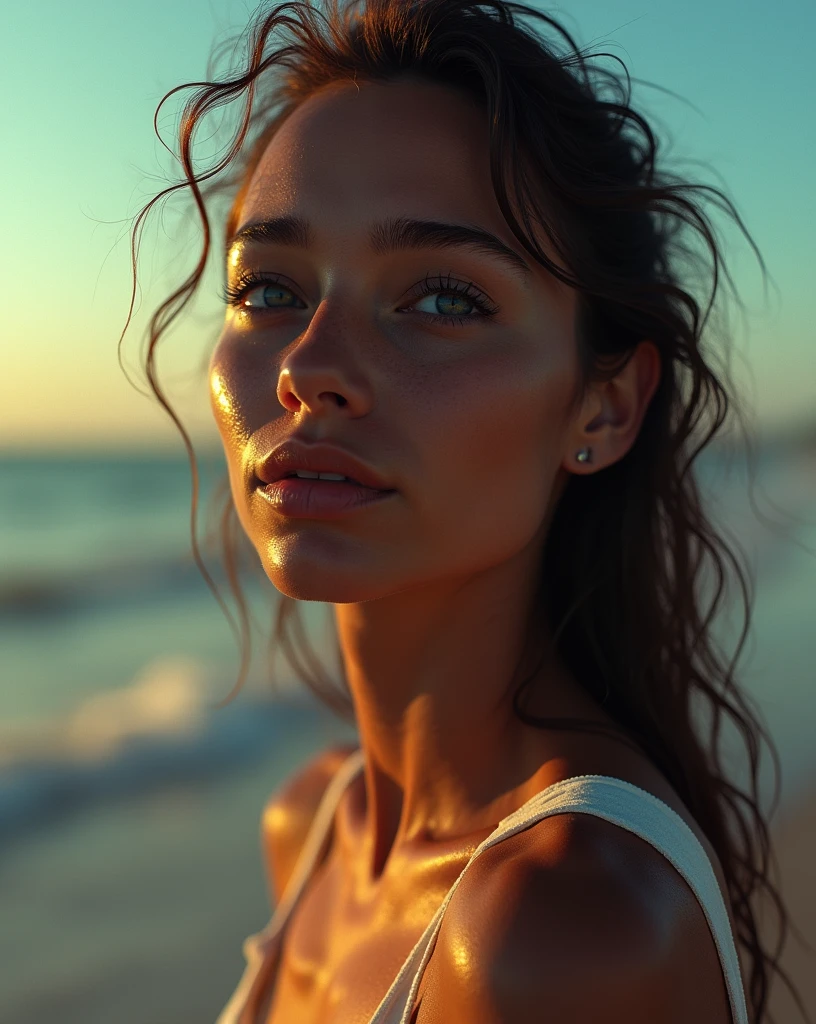 fujifilm cinematic photo of a girl on a beach, cinematic photo Jean-Michel Basquiat style (by Jean Michel Basquiat, a girl (Rachel Cook Model, detailed skin. sadistic smile)), cinematic lighting, 8k, epic scene, hyper realistic, focused, high details, unreal engine 5, cinematic, Controversial composition, Chaotic composition, volumetric lighting, , sum ,exposure blend, bokeh, cinematic look, rim light, soothing tones, hyperdetailed, low contrast, soft cinematic light, dim colors, faded, , hyperrealism, sharp . , "Photorealism, DOF, (She cries with joy, tears from her eyes) . 35mm photograph, film, bokeh, professional, 4k, highly detailed, 35mm photograph, film, bokeh, professional, 4k, highly detailed , perfect eye, blue eye
