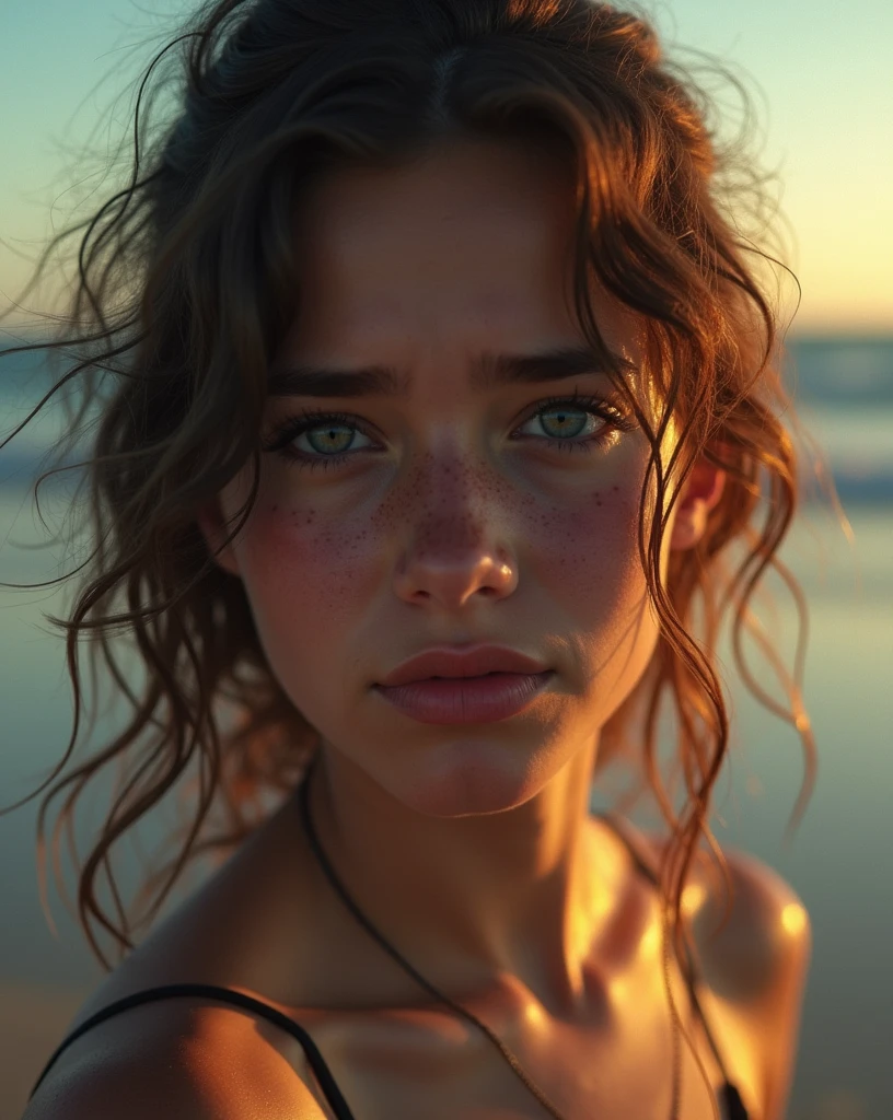 fujifilm cinematic photo of a girl on a beach, cinematic photo Jean-Michel Basquiat style (by Jean Michel Basquiat, a girl (Rachel Cook Model, detailed skin. sadistic smile)), cinematic lighting, 8k, epic scene, hyper realistic, focused, high details, unreal engine 5, cinematic, Controversial composition, Chaotic composition, volumetric lighting, ,  sum ,exposure blend, bokeh, cinematic look, rim light, soothing tones, hyperdetailed, low contrast, soft cinematic light, dim colors, faded, , hyperrealism, sharp . , "Photorealism, DOF, (She cries with joy, tears from her eyes) . 35mm photograph, film, bokeh, professional, 4k, highly detailed, 35mm photograph, film, bokeh, professional, 4k, highly detailed , perfect eye, blue eye