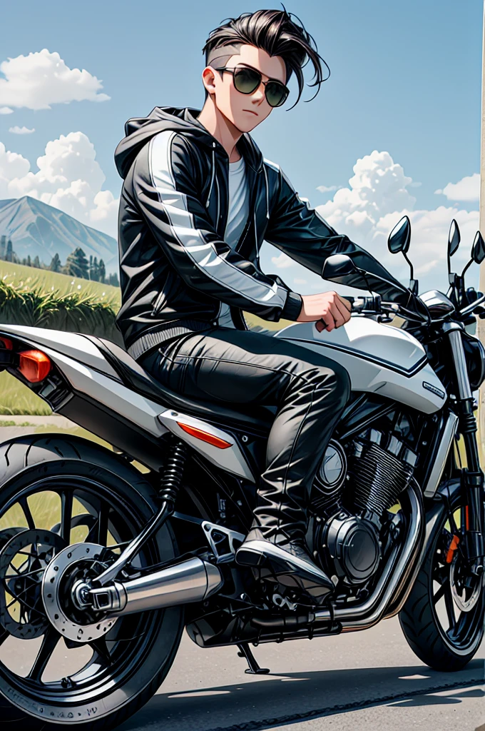 A stylish young man is sitting confidently on a white and black sports motorcycle with striking orange wheels. The man is dressed in a gray zip-up hoodie and black slim-fit jeans, paired with white sneakers with a subtle pattern. He is wearing dark sunglasses, adding to his cool demeanor, and his hair is neatly styled with a slight quiff. The setting appears to be on an open road with a clear blue sky overhead, and the background shows blurred green hills, giving a sense of speed and freedom. The overall vibe is modern, adventurous, and effortlessly cool, capturing the essence of youth and style. The motorcycle is positioned in the center of the frame, with the man sitting upright, his right hand resting on the handlebar, and his left hand loosely holding a small object, possibly a key or a piece of gear. The photo is taken at a slight low angle, enhancing the dominant and confident posture of the man and the bike.