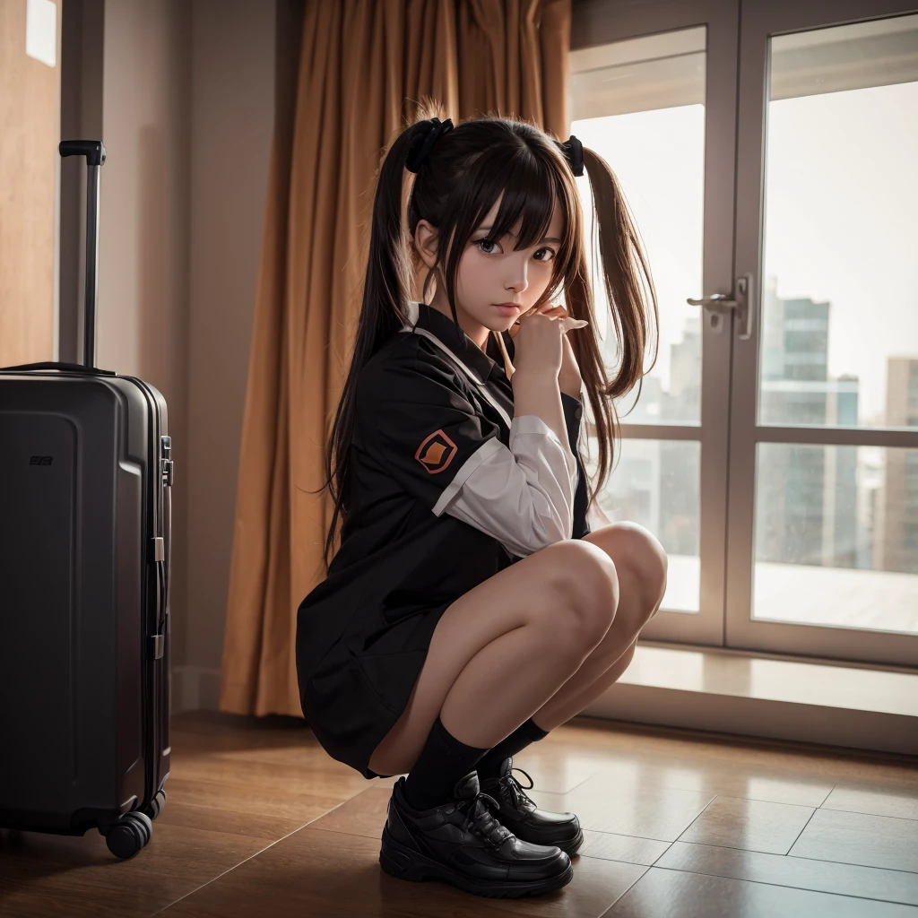 anime girl sitting on a bed with a suitcase in the background, the anime girl is crouching, Female protagonist 👀 :8, beautiful anime girl squatting, From Girls Frontline, seductive anime girl, female anime character, anime. Soft lighting, 4k anime wallpaper, guweiz on pixiv artstation, badass anime 8 k, Also