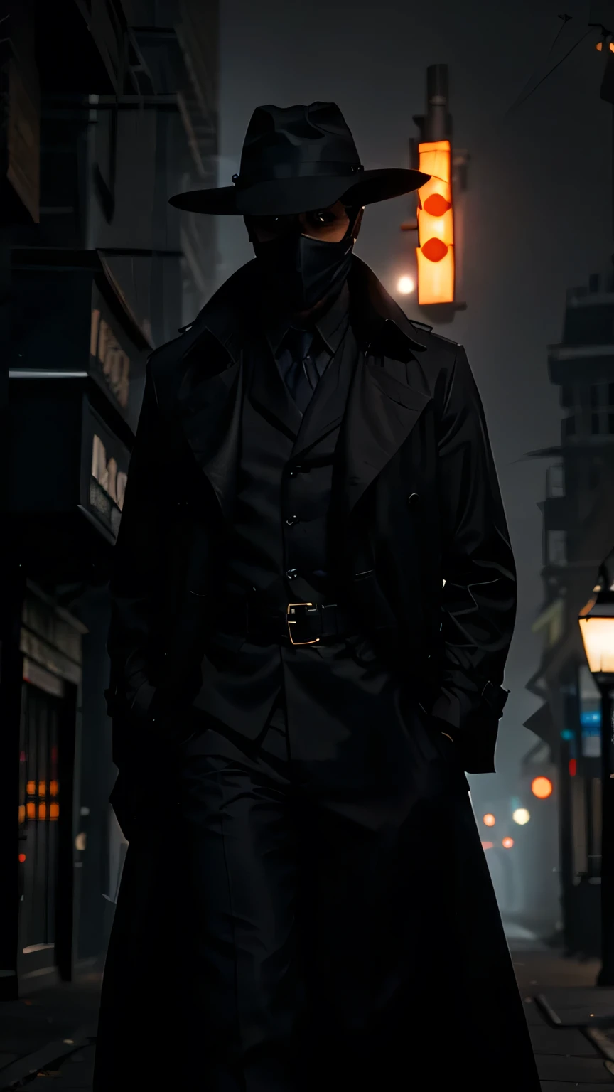 A shadowy figure standing under a streetlamp in a foggy city street at night, his face partially obscured by a wide-brimmed hat and a long trench coat.