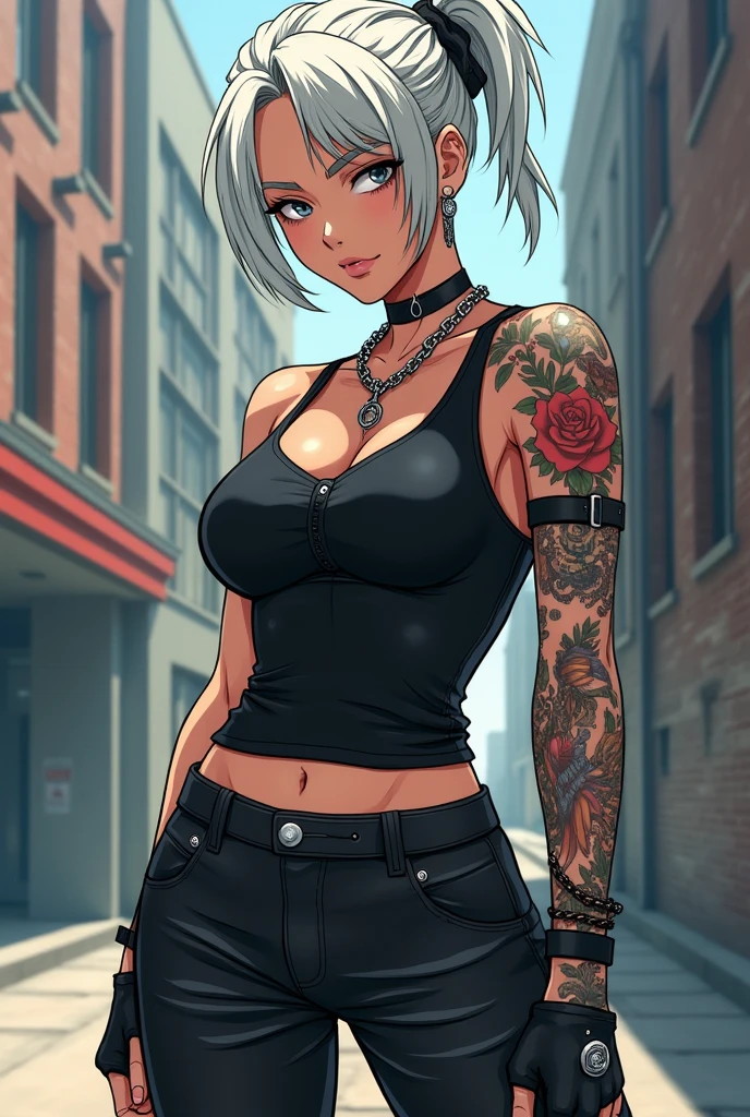 Anime version drawing of a female gang leader of average height and athletic body, with a dominant and agile posture. Her hair is medium and white, often tied up in a messy bun. Your eyes are piercing, with a calculating and confident look. She uses an urban and modern style, with leather clothes, fitted shirts and sturdy boots. Your tattoos are prominent, especially on your arms and neck, highlighting your status and fearless personality. Your look is completed by a striking accessory., like a chain necklace or large rings.