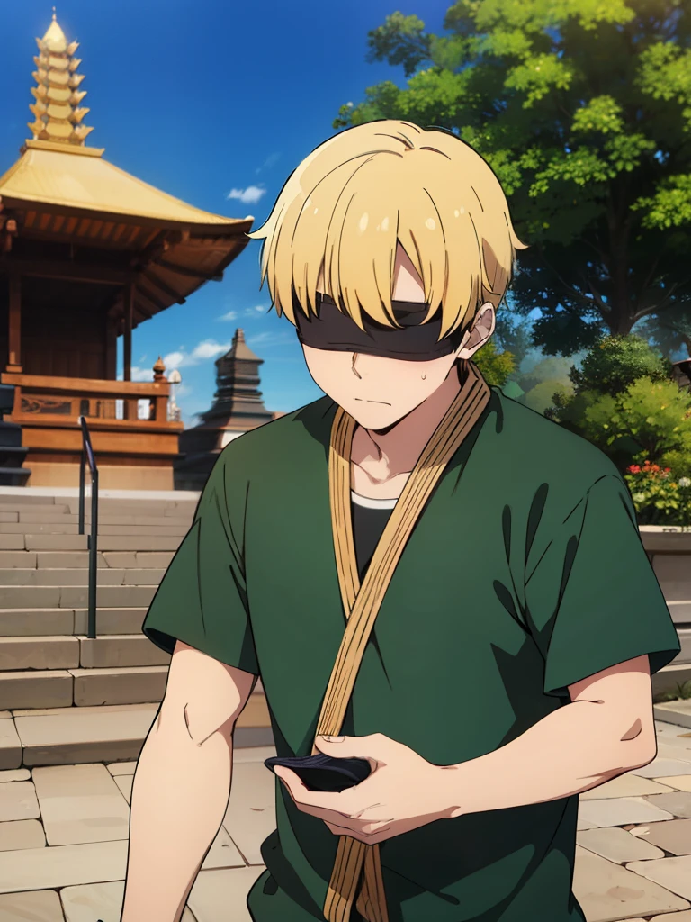 1boy, blind fold, blonde, green outfit, balinese, stupa