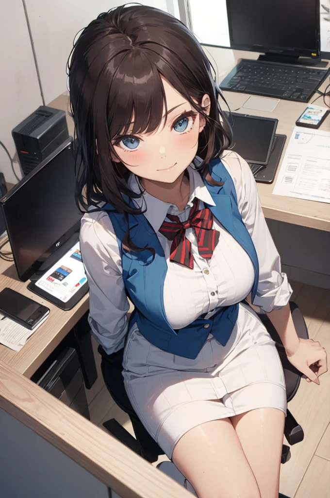 1lady solo, sitting, (from above), office worker, ((blue vest) over white dress shirt), mature female, /(dark brown hair/), kind smile, (masterpiece best quality:1.2) delicate illustration ultra-detailed, large breasts,bowtie BREAK (modern office) indoors, (reception desk), entrance, detailed background