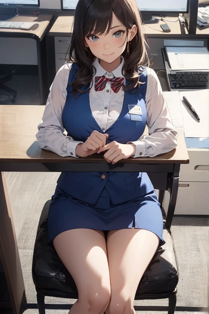 1lady solo, sitting, (from above), office worker, ((blue vest) over white dress shirt), mature female, /(dark brown hair/), kind smile, (masterpiece best quality:1.2) delicate illustration ultra-detailed, large breasts,bowtie BREAK (modern office) indoors, (reception desk), entrance, detailed background