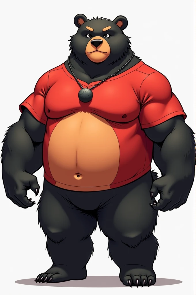 a cartoon bear with a red shirt and a dumb dumbble, commission for high res, very buff, half man half asian black bear, robust stocky body, beefy, heavy looking, thicc, fullbody commission for, heavy detailed, super buff and cool, muscular!!!, furry chest, fluffy chest, exaggeratedly large physique, thicc build