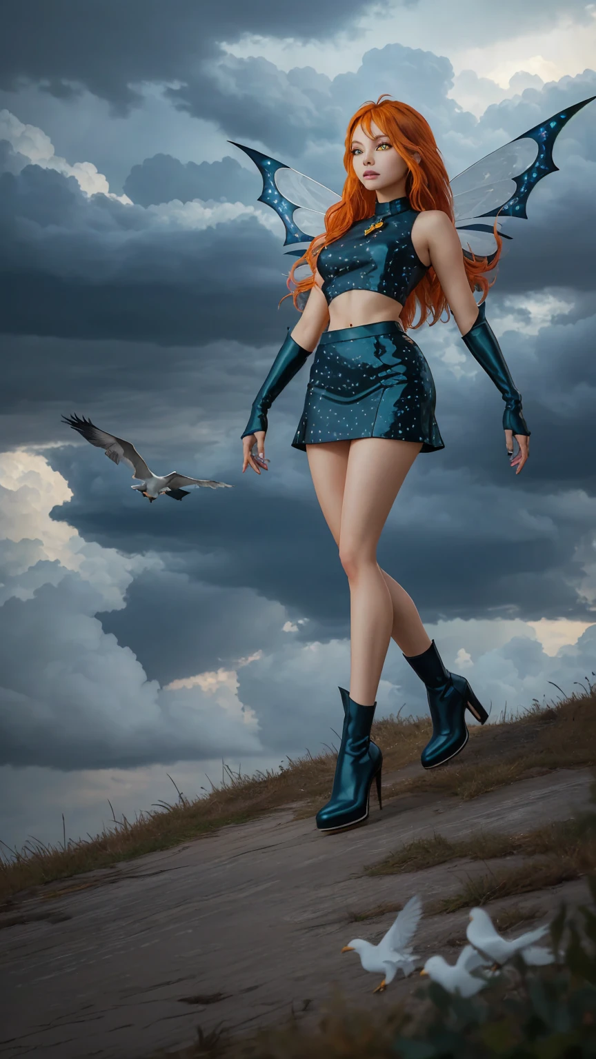 1girl, solo, ((pitiful)),Dark Bloom, orange hair, yellow eyes, boots, black skirt, gloves, black shirt, wings, sparkling clothing, masterpiece, best quality, Tweak_PrettyEyes:0.8 with a thunderstorm looming in the background, flock of migrating birds passing through