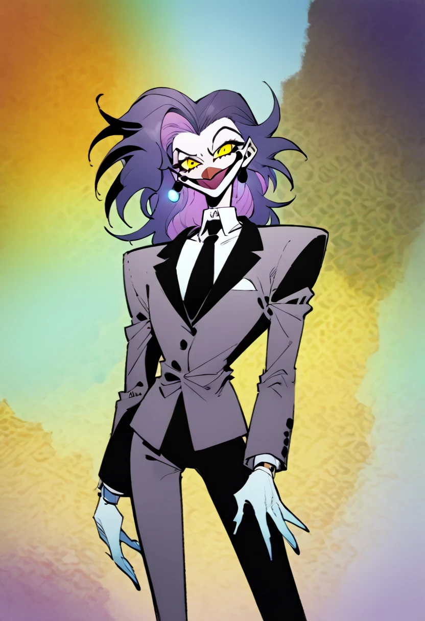 Slapstick,a cartoon Marvel Comics character,femboy,skinny,long hair,purple hair,androgynous,male focus,flat chest,white pale skin,toon,yellow eyes,a goofy physique, clown,elegant suit,inspired by the style of The Mask comics/Bill Sienkiewicz, 90’s comics, masterfully rendered with exceptional detail and cartoony, vivid colors,psychedelic imagery background and funky lighting.