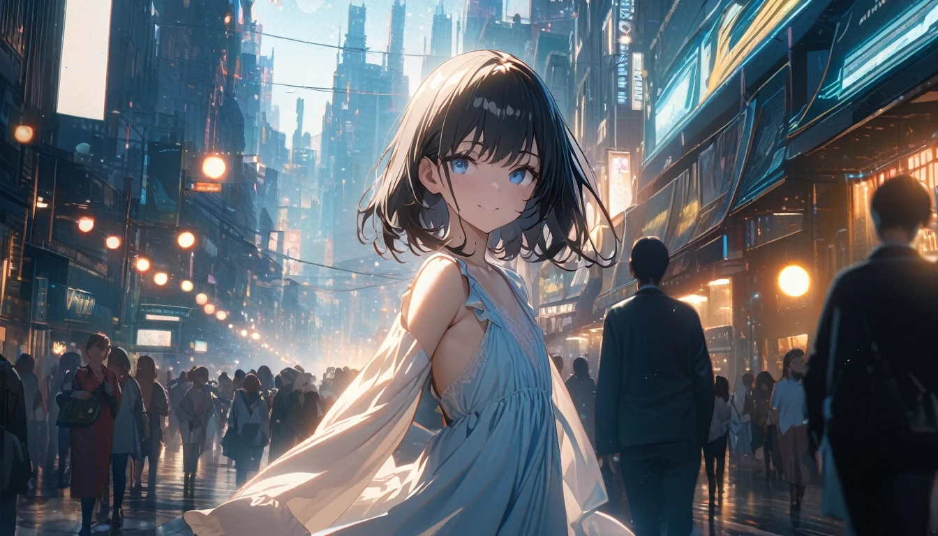 ((ultra-detailed))/ (one women with short black hair and bob hair.、beautiful blue eyes,.、smile、gentle smile on her face、flat chest, one Beautiful girl,((masterpiece, illustration, best quality) ((ultra-detailed))/), walking around busy city ,濃い青とBeautiful Blueのグラデーション, High resolution, 8K HD detail, hyper-detail, cinematic, surrealism, soft light, deep field focus bokeh, ray tracing and surrealism. --v6