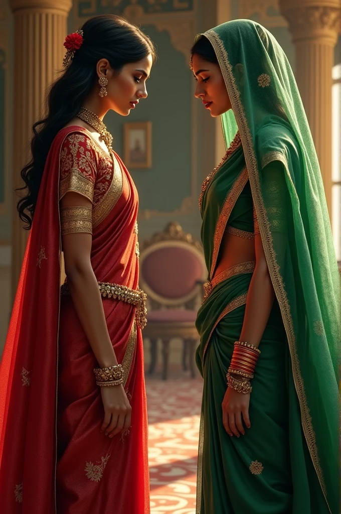 
Two indian queens , one hindu dressed in red and the other Muslim dressed in green , glaring at eachother with hate