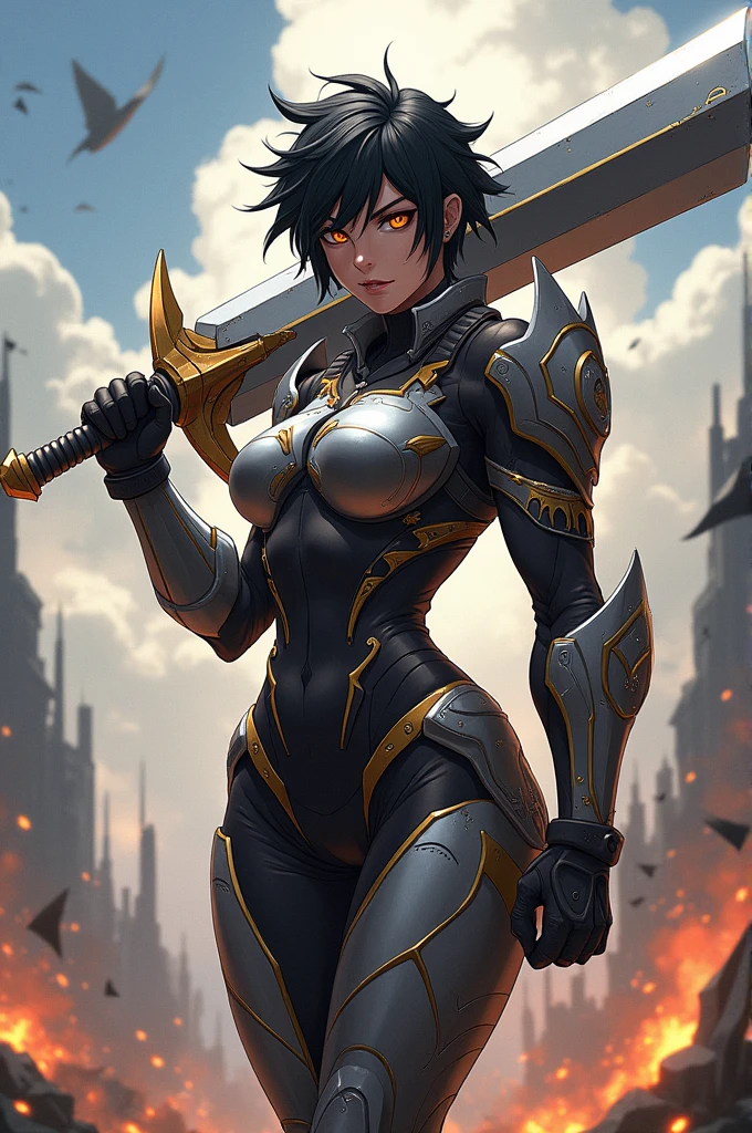 Create an image of a muscular woman with short black hair and yellow eyes in anime style with an angry face 1.80 meters in armor and holding a large sword larger than her resting on her shoulder in a battle arena