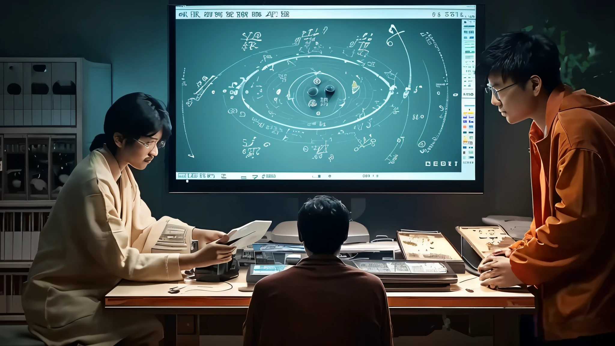 A scene that highlights the interaction between [Indian and Chinese mathematicians], showing the introduction of the concept of zero and the decimal system in China. The environment must include (((complex calculations and astronomical observations))).