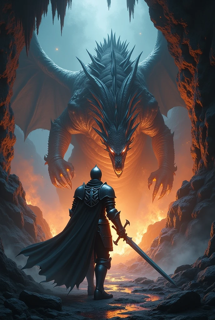 a knight in a dark cave, fighting a dragon, dramatic chiaroscuro, ultra-detailed, realistic, high resolution, sharp focus, vivid colors, kingdom's delight, horror