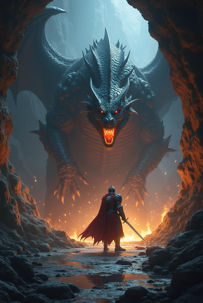 a knight in a dark cave, fighting a dragon, dramatic chiaroscuro, ultra-detailed, realistic, high resolution, sharp focus, vivid colors, kingdom's delight, horror