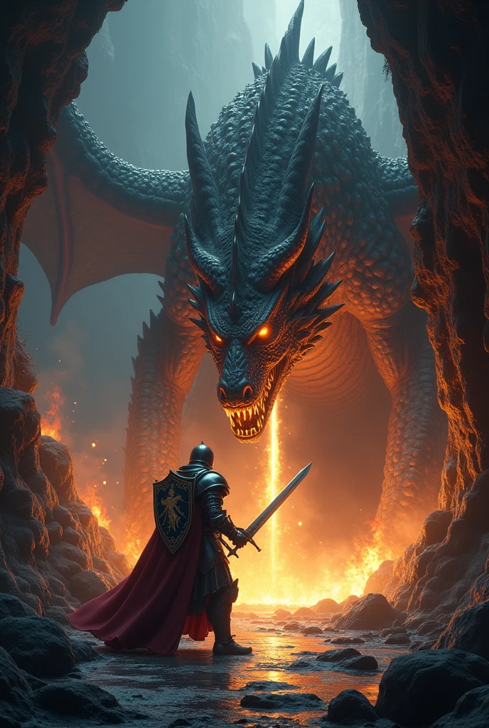 a knight in a dark cave, fighting a dragon, dramatic chiaroscuro, ultra-detailed, realistic, high resolution, sharp focus, vivid colors, kingdom's delight, horror