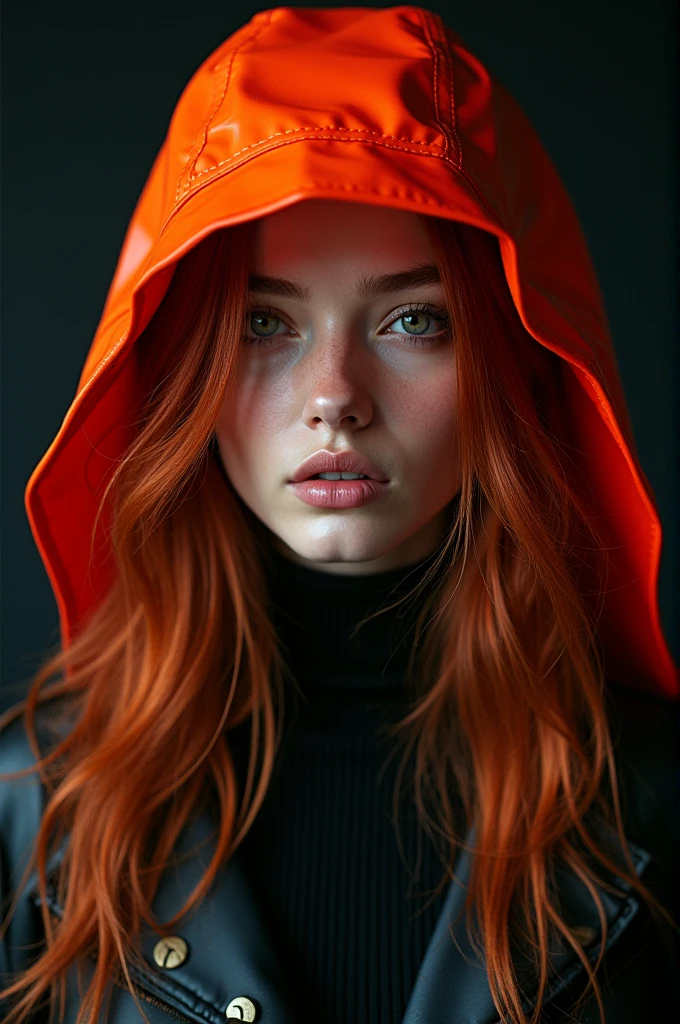 Fashion close of redhead woman model, black hair, dimensional light, completely symmetrical, with raincoat in neon colors on her head.