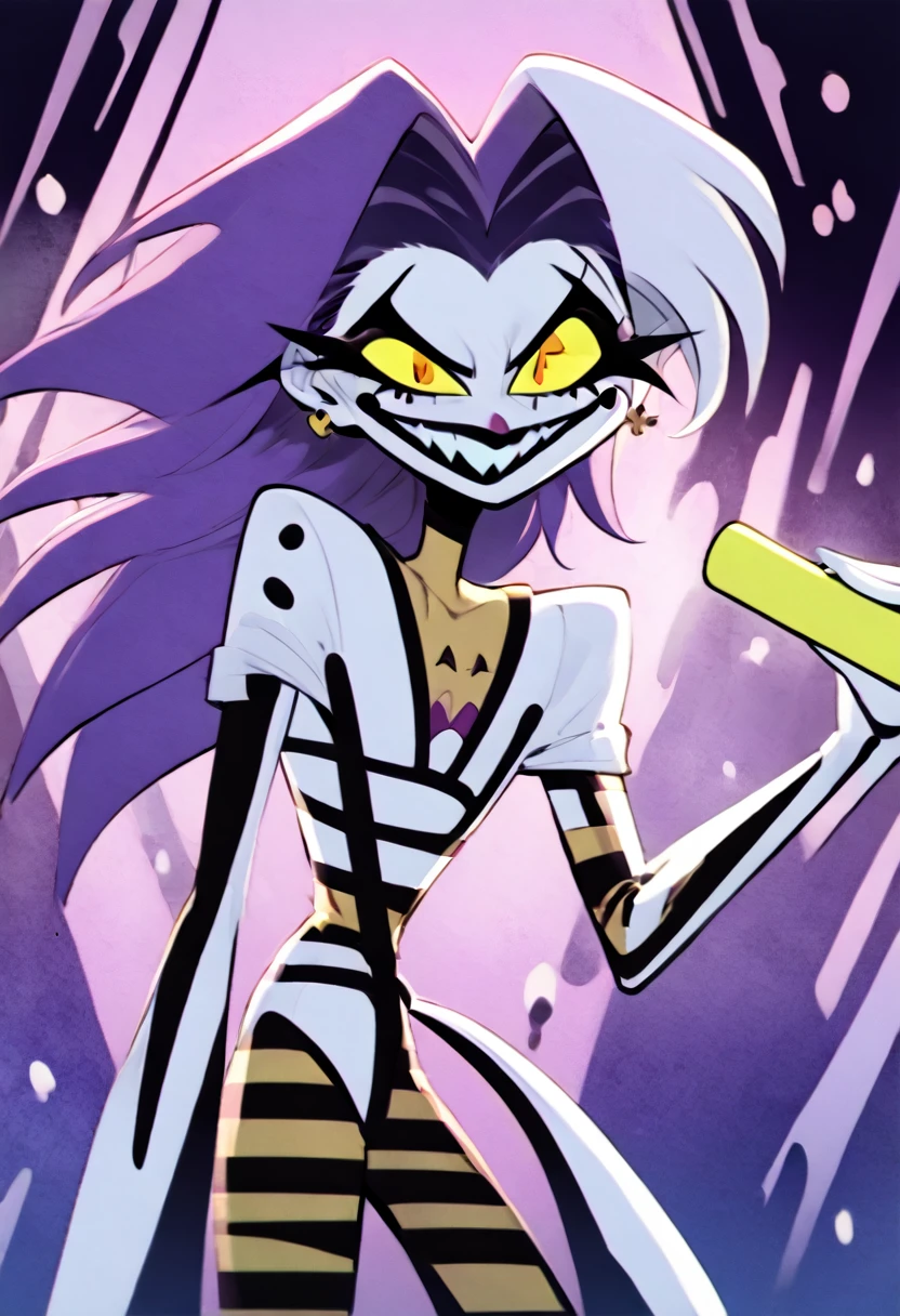 Slapstick,a cartoon Marvel Comics character,femboy,skinny,long hair,purple hair,androgynous,male focus,flat chest,white pale skin,toon,yellow eyes,a goofy physique, clown,inspired by the style of The Mask comics/Bill Sienkiewicz, 90’s comics, masterfully rendered with exceptional detail and cartoony, vivid colors, and funky lighting.