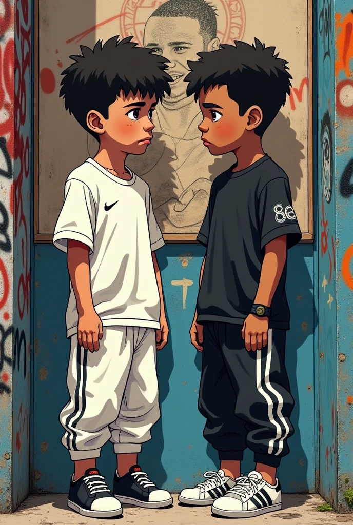2 boys with short hair, one white and the other black, wearing white Nike clothes and the other wearing black Adidas clothes, a bad face, I live in graffiti with a drawing behind the boys "rappers drawing style"
