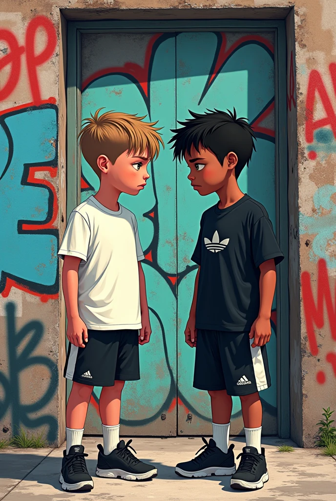 2 boys with short hair, one white and the other black, wearing white Nike clothes and the other wearing black Adidas clothes, a bad face, I live in graffiti with a drawing behind the boys "rappers drawing style"