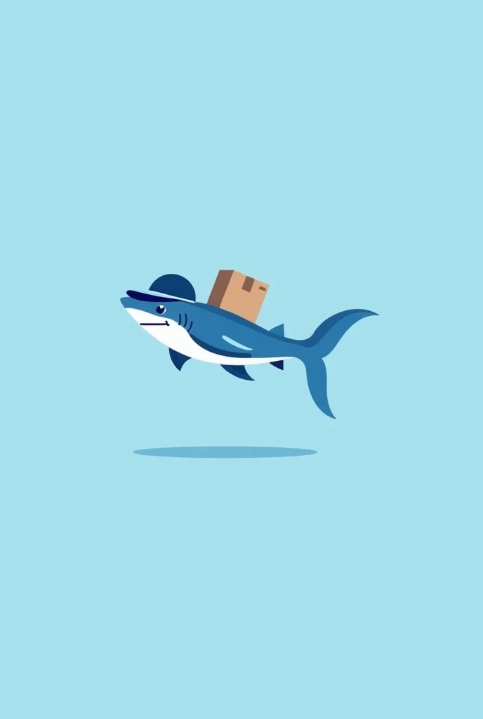 a neat logo made with thin lines, in blue, white and light blue tones, which depicts a courier shark in a cap and with a parcel