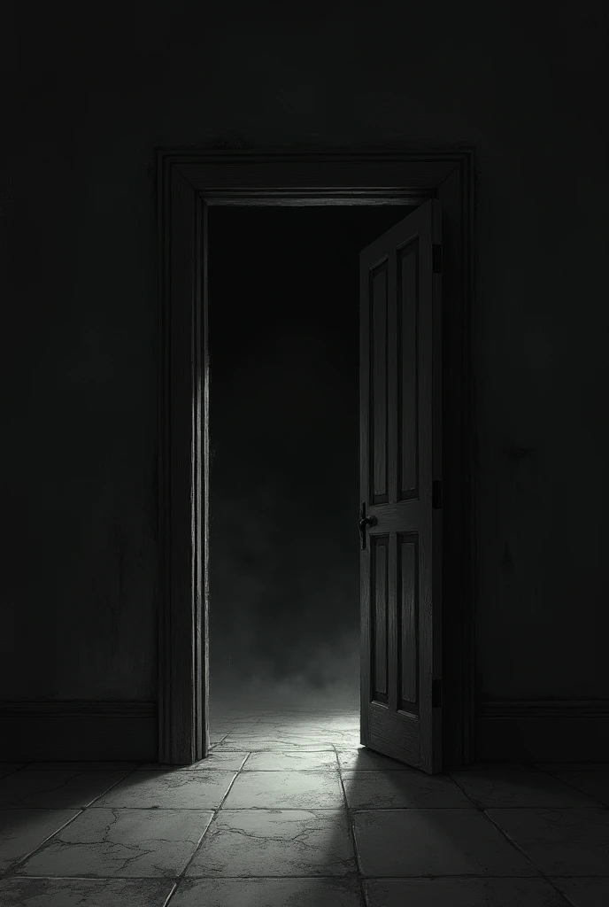 Drawing of an empty room where you can only see the door, I want it dark