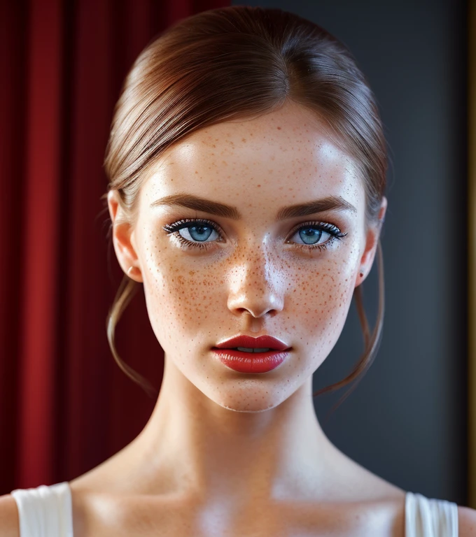portrait of a beautiful girl with many freckles on her face, with bright blue eyes, with plump red lips, in an elegant red dress, (Best quality, 16K, 32K, a high resolution, masterpiece: 1.2), super detailed, (realistic, фотоrealistic, фотоrealistic: 1.37), dramatic lighting, Cinematic composition, Noir style, warm color palette, complex parts
