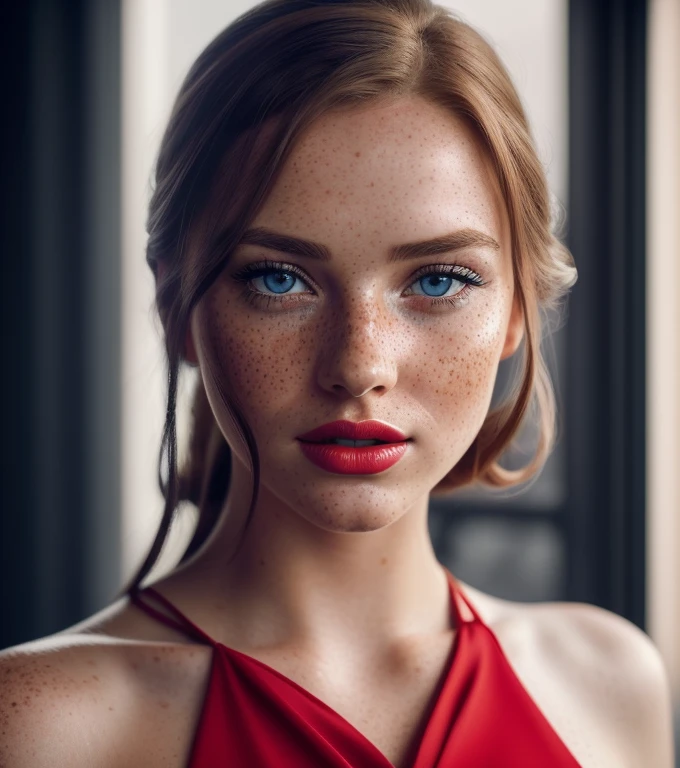 portrait of a beautiful girl with many freckles on her face, with bright blue eyes, with plump red lips, in an elegant red dress, (Best quality, 16K, 32K, a high resolution, masterpiece: 1.2), super detailed, (realistic, фотоrealistic, фотоrealistic: 1.37), dramatic lighting, Cinematic composition, Noir style, warm color palette, complex parts