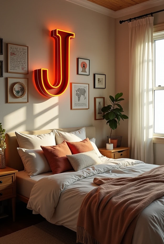 A bedroom decorated with the letter J