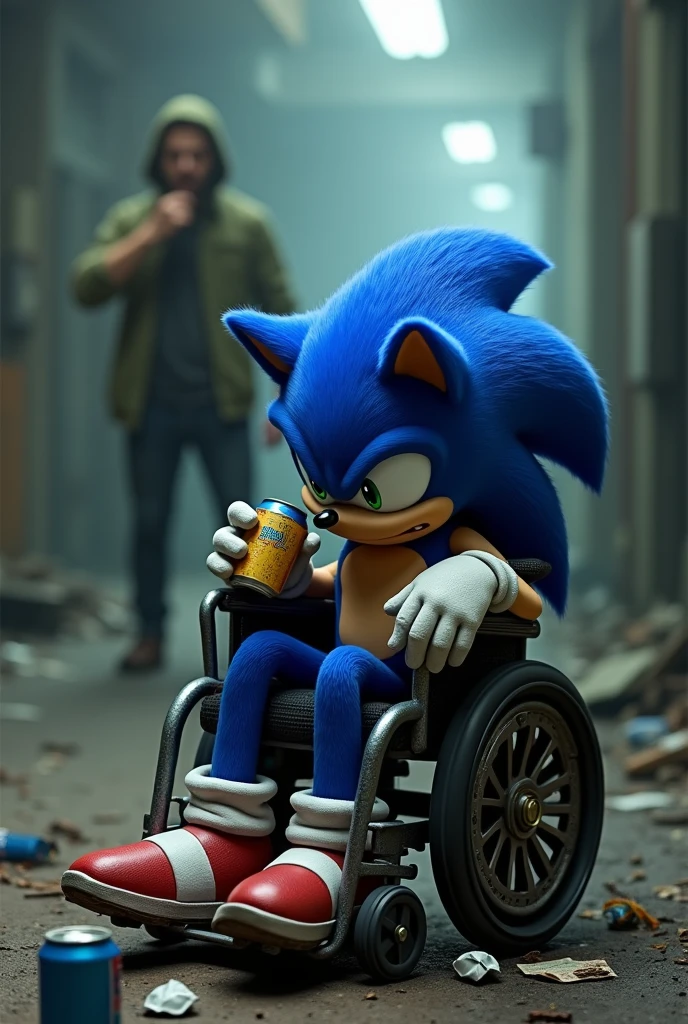 Create sad Sonic drinking beer in a wheelchair, and Rubem Cauã closing the sonic