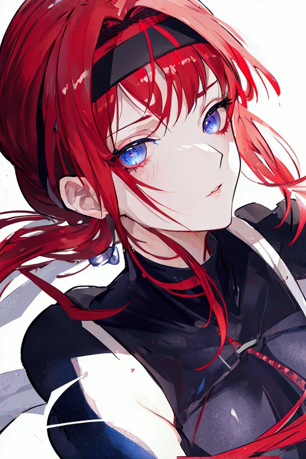 a young ninja with long smooth red hair, blue eyes, Konoha headband on forehead, feminine features, 12-, beautiful detailed eyes, beautiful detailed lips, extremely detailed face, longeyelashes, solo portrait, detailed face, dynamic pose, detailed clothing, detailed environment, photorealistic, 8k, highly detailed, masterpiece, vibrant colors, dramatic lighting