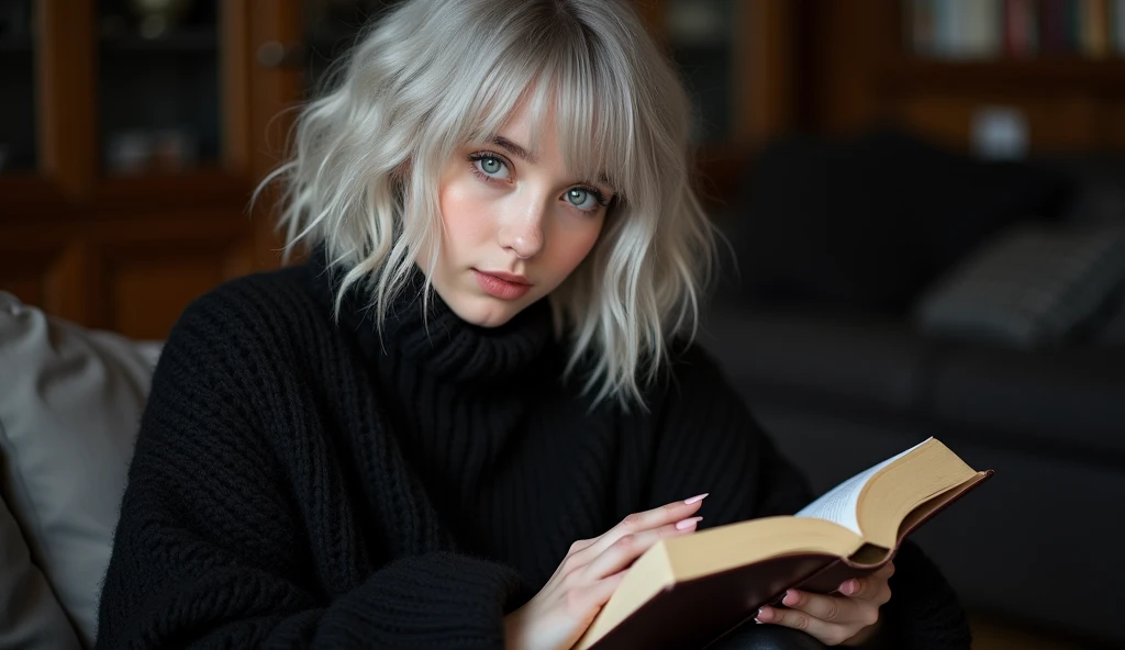 Beautiful white-skinned girl, light gray hair, with bright shiny eyes, Shiny skin, Beautiful black manicure, Beautiful nails, Pearl skin, wearing black knitted voluminous sweater and black leather pants, Beautiful detailed fingers, professional photo, 4K, high resolution, high detail, aesthetically pleasing, Beautiful, realistic, looking straight ahead, beautiful long nails, holding a book in the background of a dark living room.