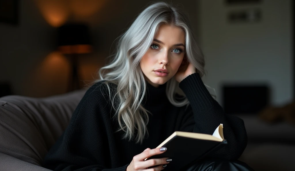 Beautiful white-skinned girl, light gray hair, with bright shiny eyes, Shiny skin, Beautiful black manicure, Beautiful nails, Pearl skin, wearing black knitted voluminous sweater and black leather pants, Beautiful detailed fingers, professional photo, 4K, high resolution, high detail, aesthetically pleasing, Beautiful, realistic, looking straight ahead, beautiful long nails, holding a book in the background of a dark living room.