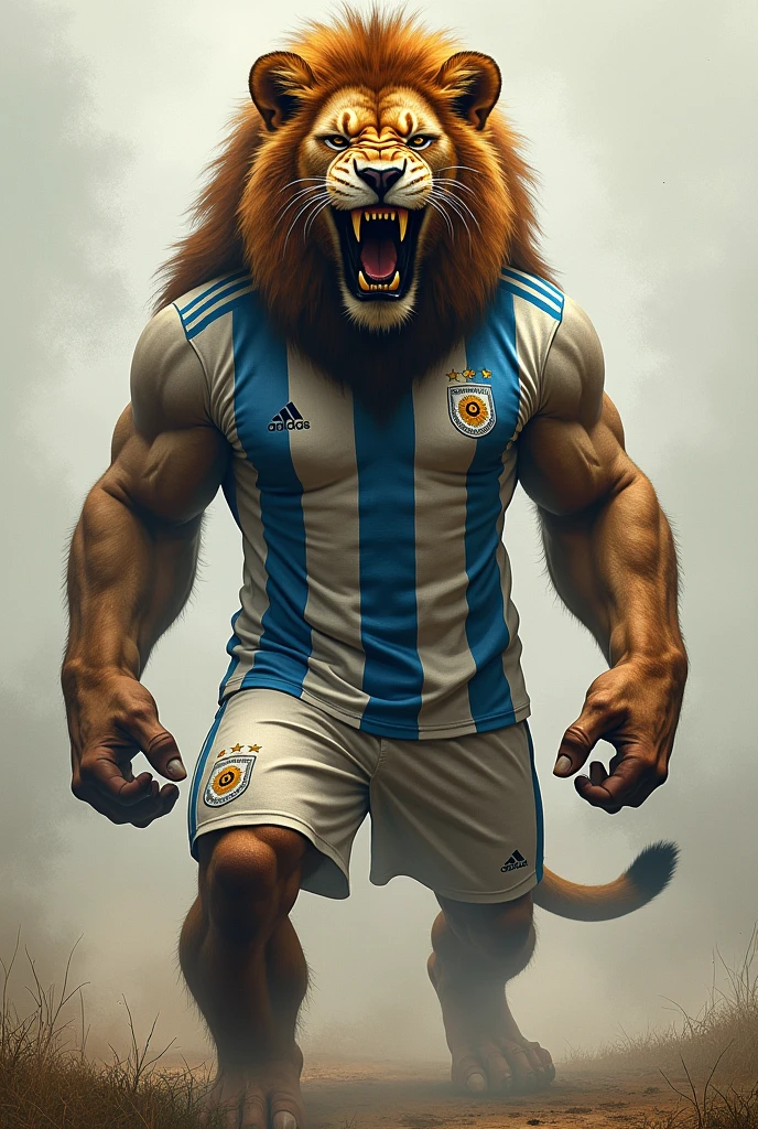 Body of a lion wearing an Argentina shirt with an evil face 