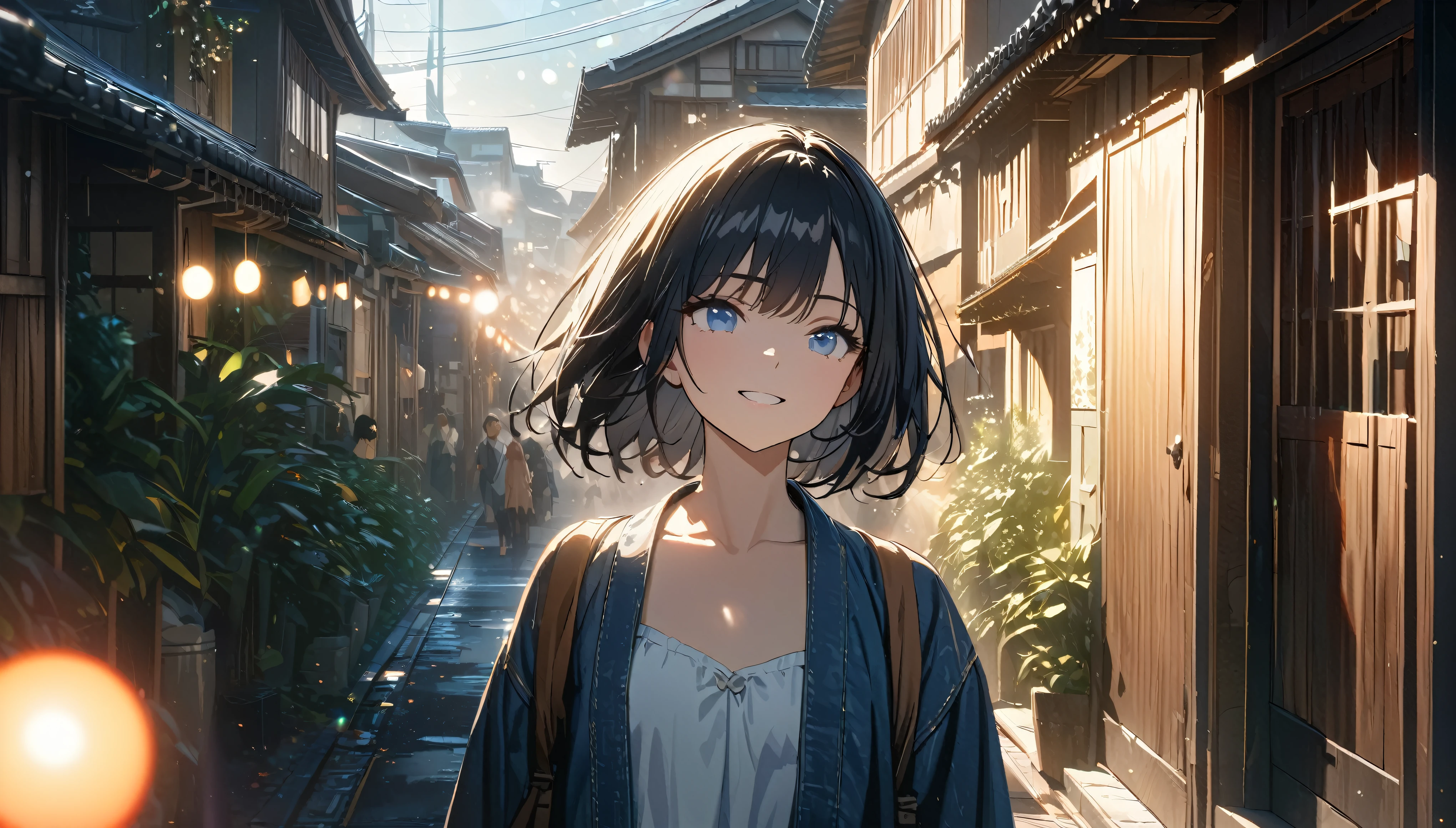 ((ultra-detailed))/ (one women with short black hair and bob hair.、beautiful blue eyes,.、smile、gentle smile on her face、flat chest, one Beautiful girl,((masterpiece, illustration, best quality) ((ultra-detailed))/), walking around a Japanese neighborhood ,濃い青とBeautiful Blueのグラデーション, High resolution, 8K HD detail, hyper-detail, cinematic, surrealism, soft light, deep field focus bokeh, ray tracing and surrealism. --v6