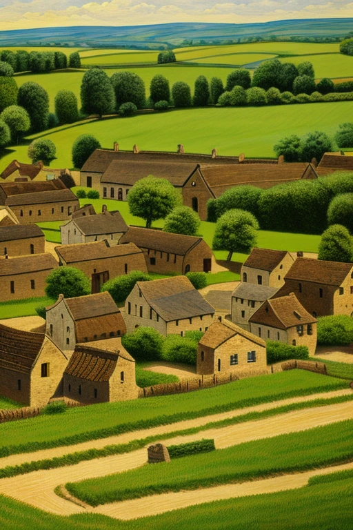 village in an open field, many happy people, fancy, medieval era, history, painting-like