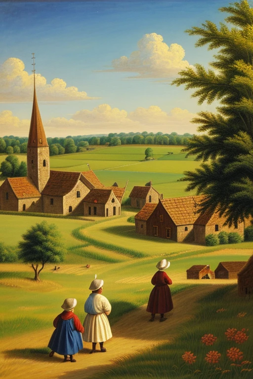 village in an open field, many happy people, fancy, medieval era, history, painting-like