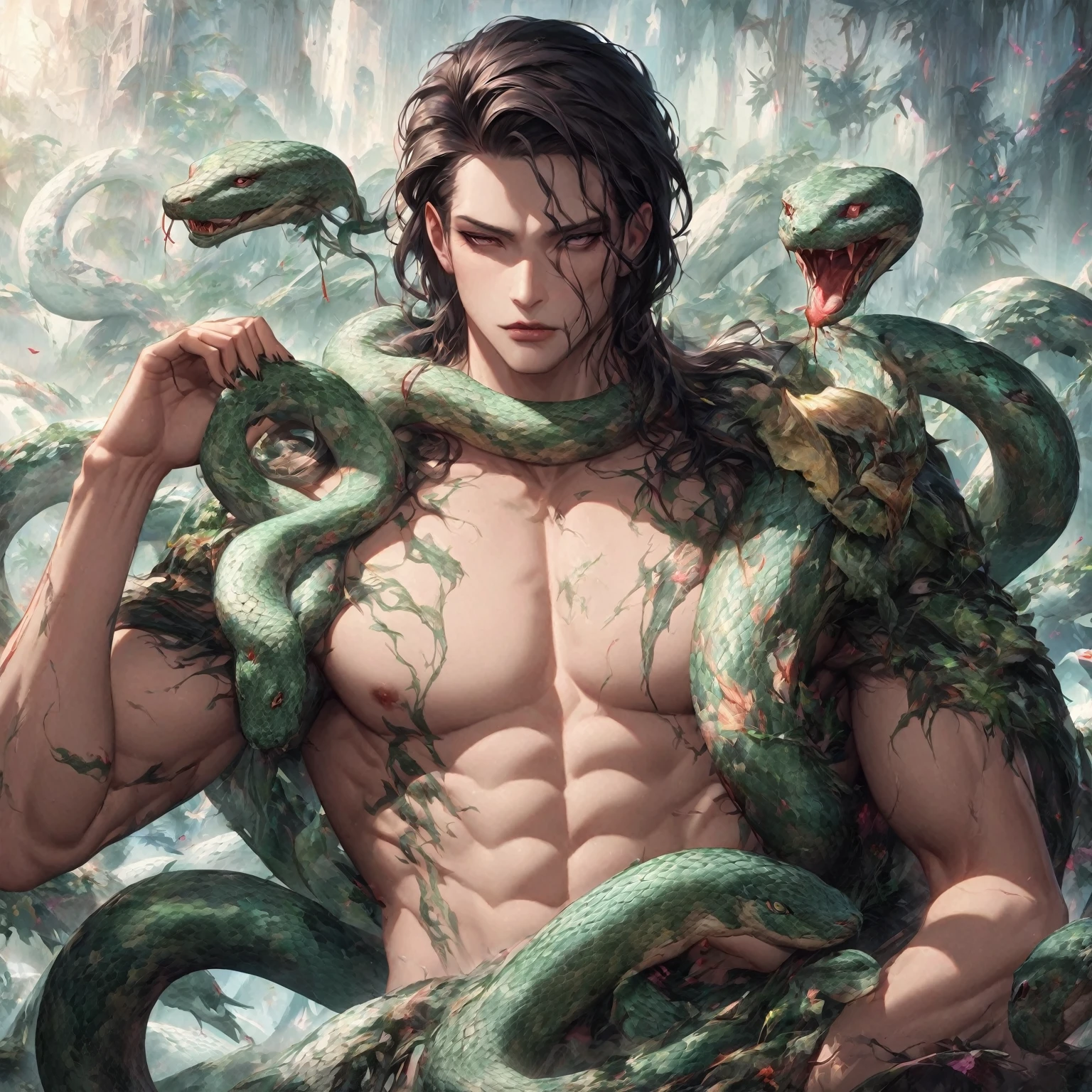 anime man with two snakes on his shoulders, snake human hybrid, snake man, mixed with snake, snake is surrounding them, snake, eugene gottsnake, range murata and artgerm, lower half of his body is snake, by Yang J, chest up human lower half snake, with snakes for hair, extremely detailed artgerm, artgerm and genzoman