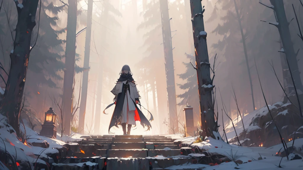 "Create a dramatic and atmospheric scene in the style of an anime/light novel, set in the depths of an ancient, abandoned elven hall within a castle. The environment should feel heavy and oppressive, with shadows filling the grand, empty corridors. Emerging from these shadows is a mysterious figure, slightly obscured but clearly determined and purposeful. The figure's footsteps echo through the empty halls, creating a sense of a powerful presence. This character, with a young appearance, white hair, and tattered clothing, carries an aura of resolve and hope, symbolizing their mission to restore the fallen kingdom of Alderwood. The background should include remnants of a once-great civilization: broken columns, shattered stained glass, and overgrown vegetation hinting at a long-lost magical past. The ruins should convey both the weight of history and a sense of lingering magic. In the distance, faint glimmers of light can hint at the enchanted forests and treacherous mountains the character will eventually traverse. The overall mood should evoke both melancholy and the promise of renewal, setting the stage for an epic journey to reclaim the glory of Alderwood."