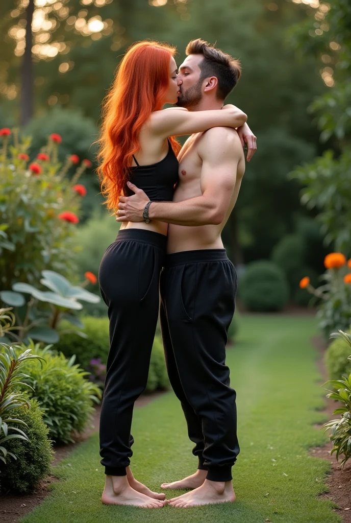 Red-headed, black sweatpants, Barefoot woman kissing man in garden