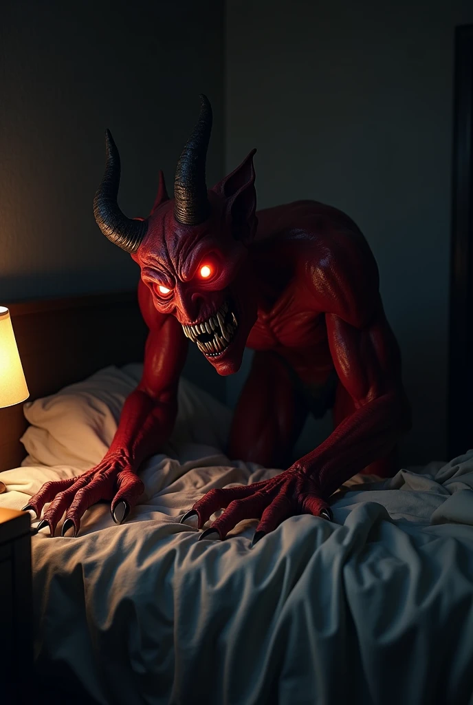 "I want an image of a terrifying demon next to a bed in a dark room. The demon must have a sinister appearance, with red skin, bright eyes and a menacing smile. Your claws should be long and sharp, and it must be partially shrouded in shadows, creating an atmosphere of fear and tension. The bed must be unmade, with crumpled sheets, and the lighting in the room should be dim, coming from a single bedside lamp, projecting distorted shadows on the walls. Make him horned and skinny in the darkest corner of the room highlighting the red eyes 


