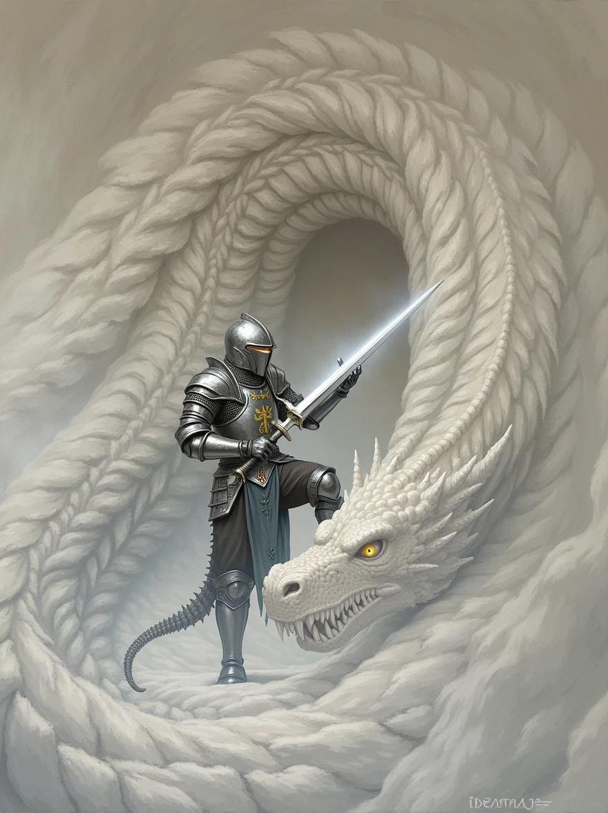 Knight Ivan, Fighting the dragon, In a dark cave, masterpiece:1.2, ultra detailed, realistic:1.37, Sharp Focus, bright colors, hips, Dramatic chiaroscuro, Horror, Kingdom's Delight