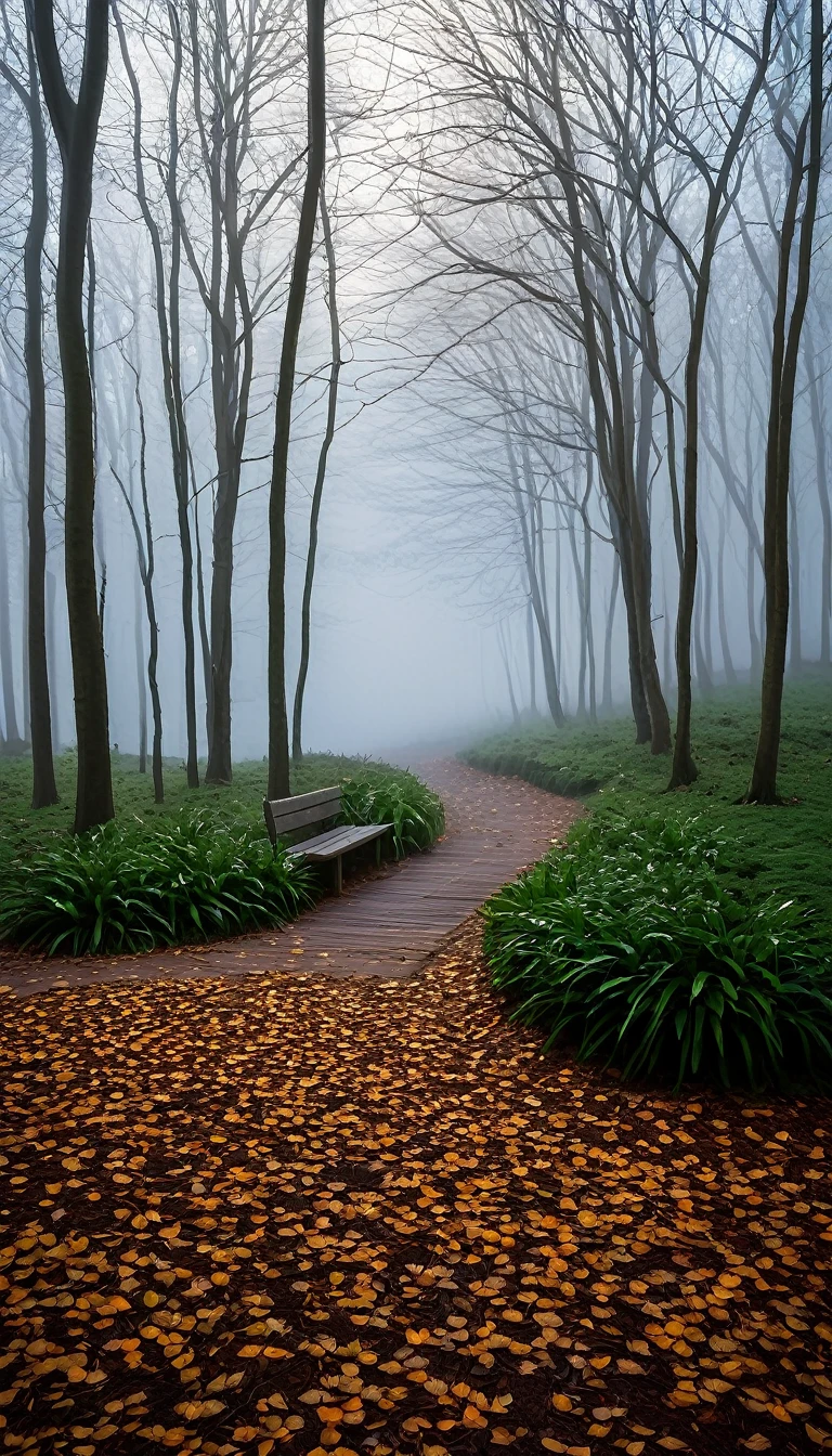 A serene, mist-covered forest at dawn with a single path leading into the dense trees. The sunlight gently filters through the branches, casting soft, ethereal rays. The scene is calm and still, with no visible animals or humans. In the foreground, a stone bench is partially covered in fallen leaves, symbolizing a place of contemplation. The distant horizon is barely visible through the fog, emphasizing the depth and mystery of the silence. The overall atmosphere should evoke a sense of peace, introspection, and the quiet power of nature.