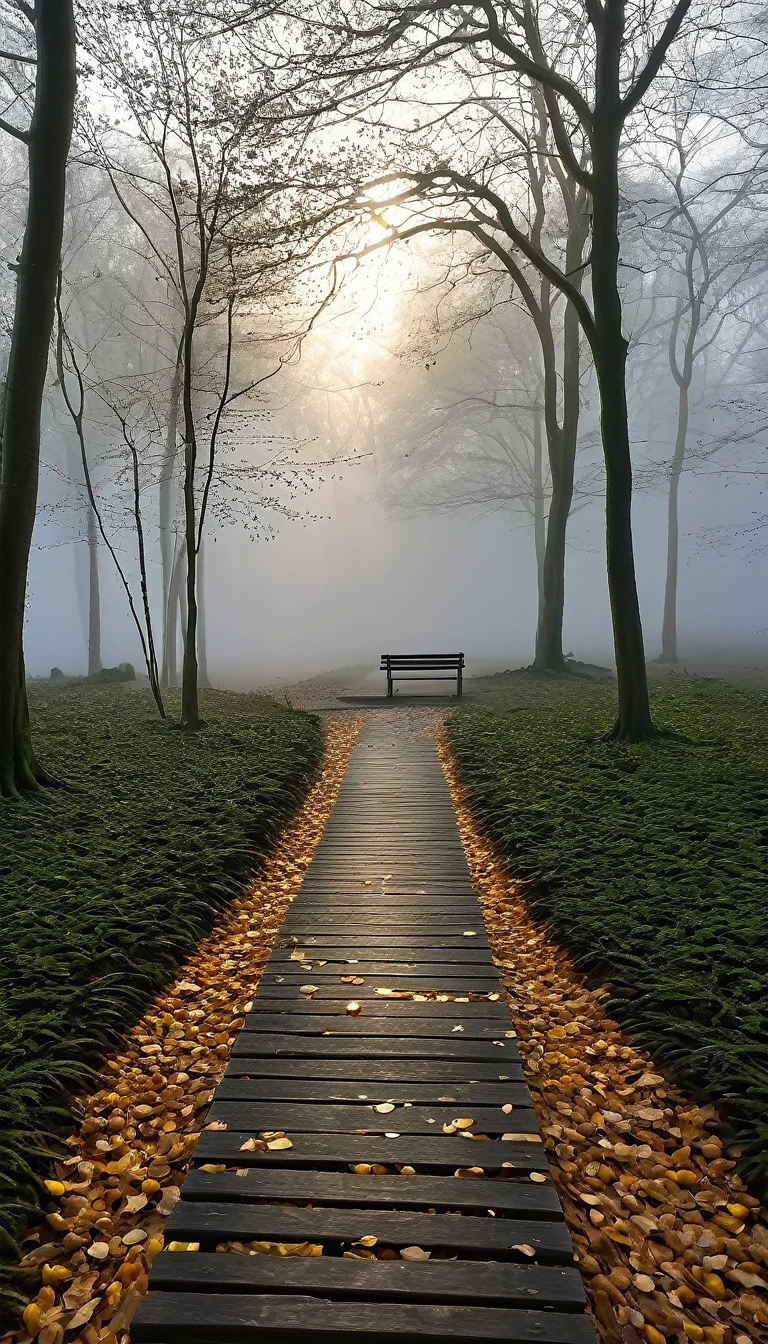 A serene, mist-covered forest at dawn with a single path leading into the dense trees. The sunlight gently filters through the branches, casting soft, ethereal rays. The scene is calm and still, with no visible animals or humans. In the foreground, a stone bench is partially covered in fallen leaves, symbolizing a place of contemplation. The distant horizon is barely visible through the fog, emphasizing the depth and mystery of the silence. The overall atmosphere should evoke a sense of peace, introspection, and the quiet power of nature.