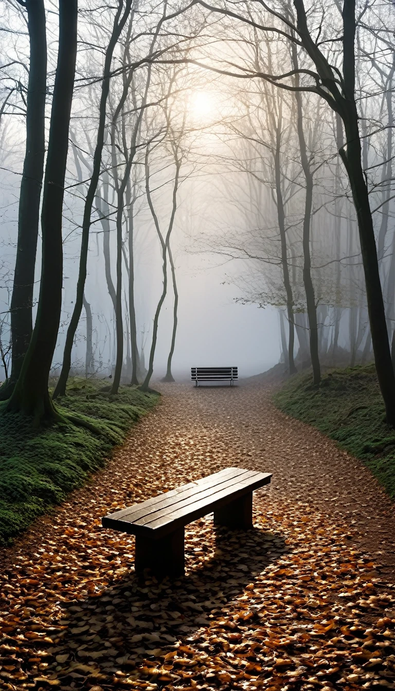 A serene, mist-covered forest at dawn with a single path leading into the dense trees. The sunlight gently filters through the branches, casting soft, ethereal rays. The scene is calm and still, with no visible animals or humans. In the foreground, a stone bench is partially covered in fallen leaves, symbolizing a place of contemplation. The distant horizon is barely visible through the fog, emphasizing the depth and mystery of the silence. The overall atmosphere should evoke a sense of peace, introspection, and the quiet power of nature.