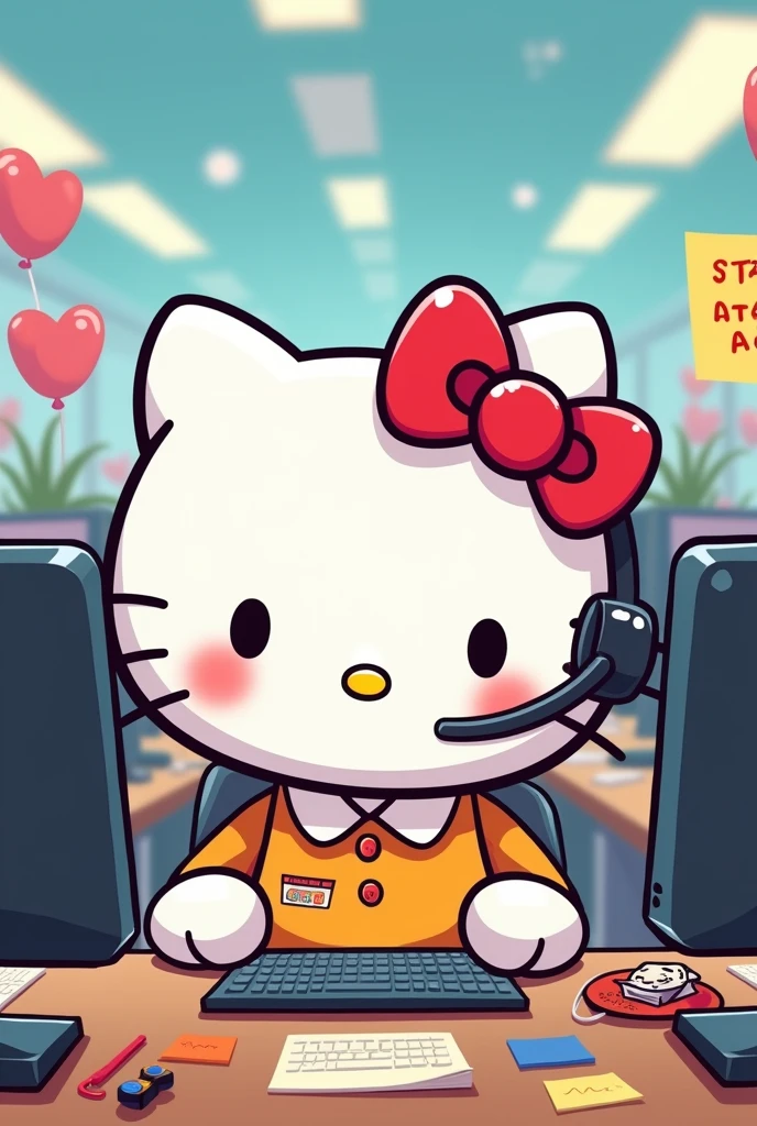 Hello kitty from Sanrio working in a call center. Make it cartoon style. Please just make it one hello kitty