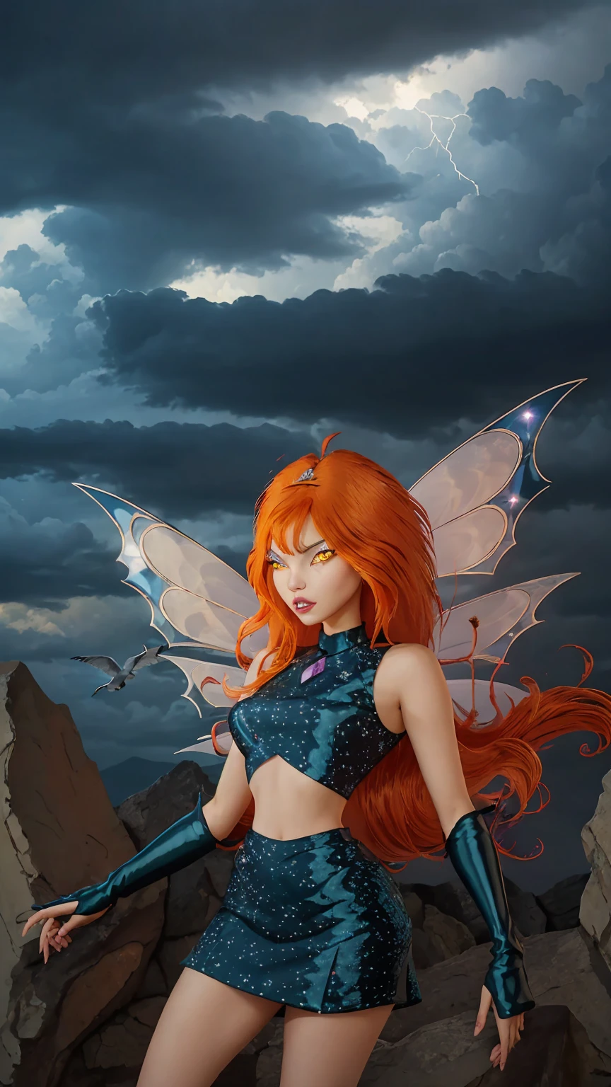 1girl, solo, ((pitiful)),Dark Bloom, orange hair, yellow eyes, boots, black skirt, gloves, black shirt, wings, sparkling clothing, masterpiece, best quality, Tweak_PrettyEyes:0.8 with a thunderstorm looming in the background, flock of migrating birds passing through