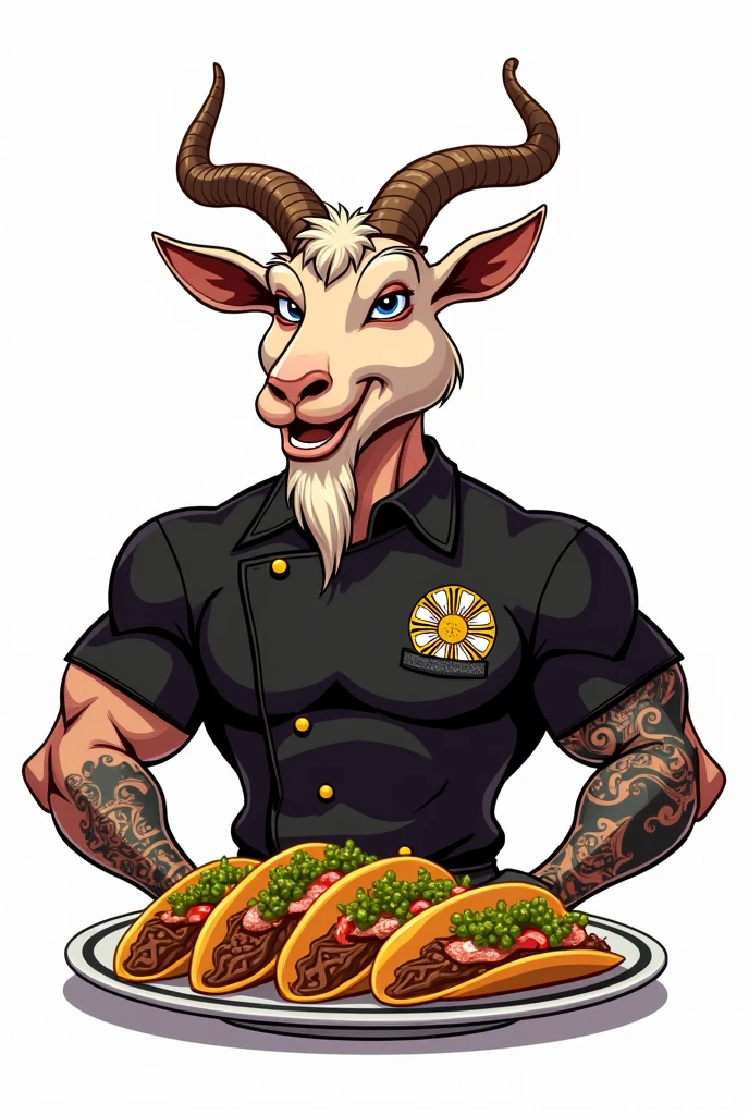 Cartoon goat chef with muscles in a black Filipino chef shirt and tattoos eating some tacos with a white background